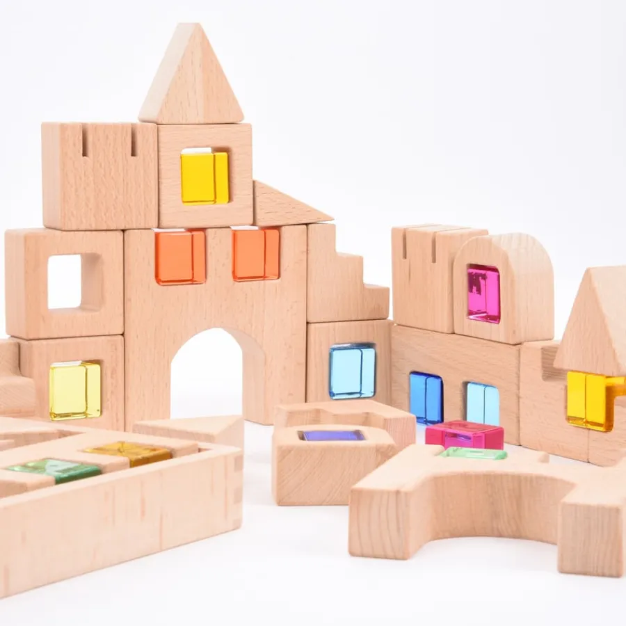 Hot Construction Wooden Building Blocks and Acrylic Gems in Tray Loose Parts|Construction Sets