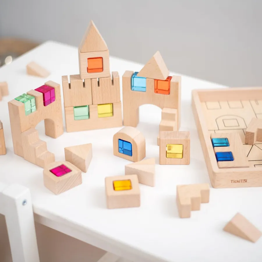 Hot Construction Wooden Building Blocks and Acrylic Gems in Tray Loose Parts|Construction Sets