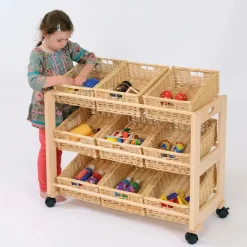 New Single Sided Tilted Trolley with 9 Wicker Baskets Trays & Tray Storage|Storage & Trolleys