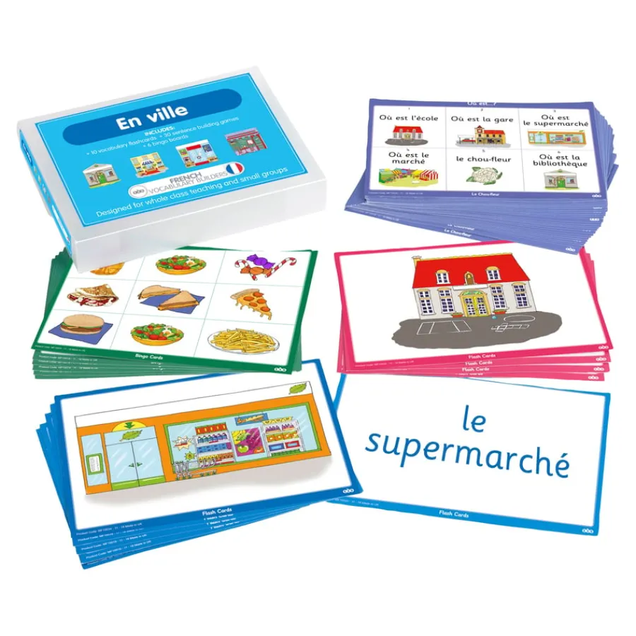 Clearance French In the Town Vocabulary Builder Activity Cards 46pk French|Topics & Cultures